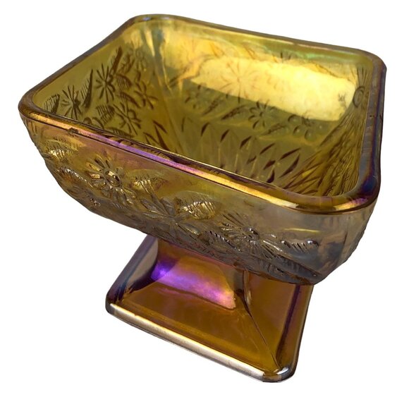 Vintage Iridescent Gold Carnival Glass Diamond Shaped Footed Candy Dish Floral - Picture 4 of 16